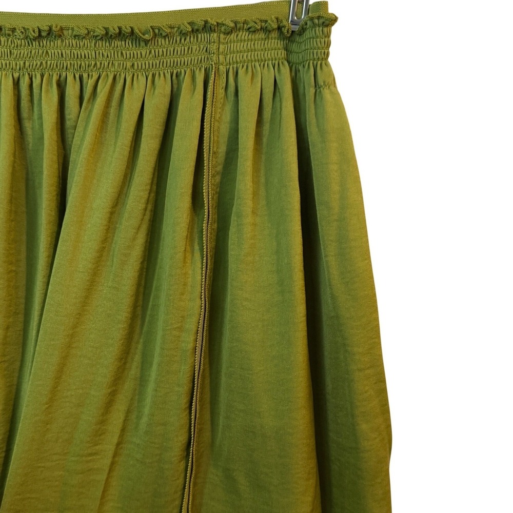 Tahari Womens Olive Green Smocked Waist Maxi Skirt Side Slits Ruffle Trim L Flow - Picture 2 of 11
